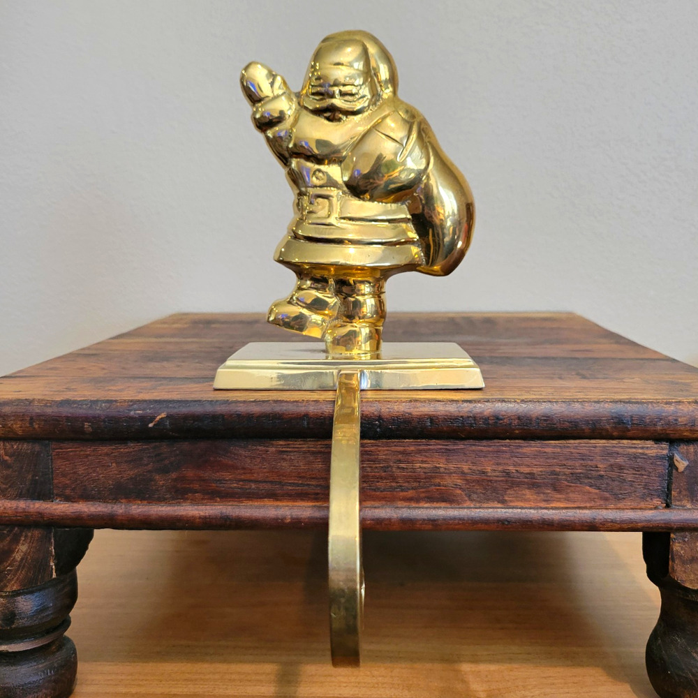 Vintage Brass Santa Claus Stocking Holder Hanger Long Arm Heavy India 6.75"